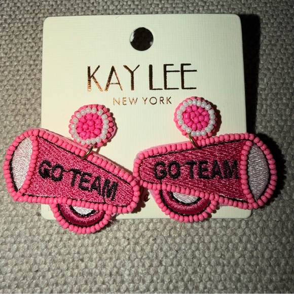 KAY LEE Jewelry - Kay Lee Pink & White Embroidered 'Go Team' Beaded CheerLeader Megaphone Earrings